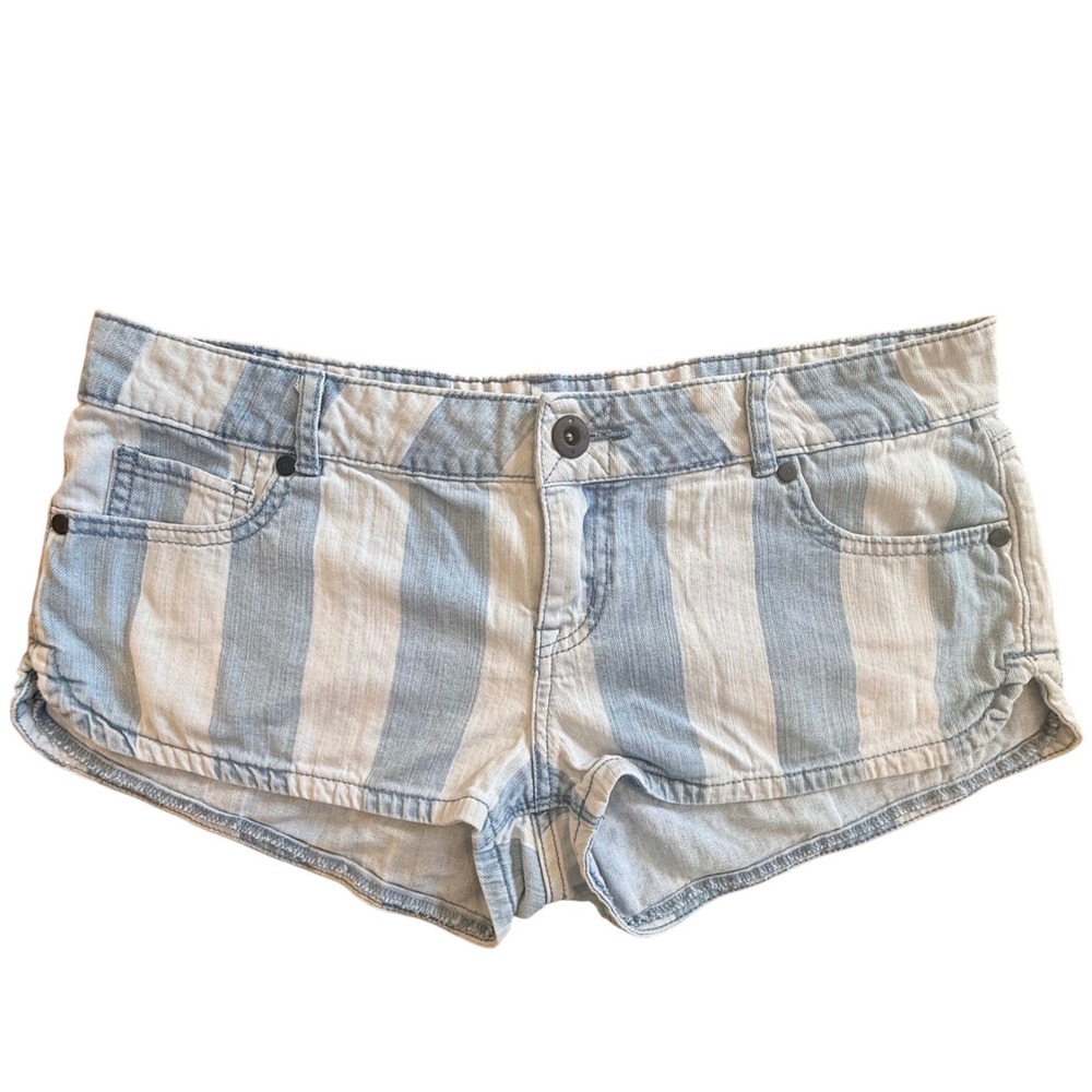 Y2K Hurley Women Micro Mini Surf Beach  Blue White Striped Denim Shorts 28 1.5"